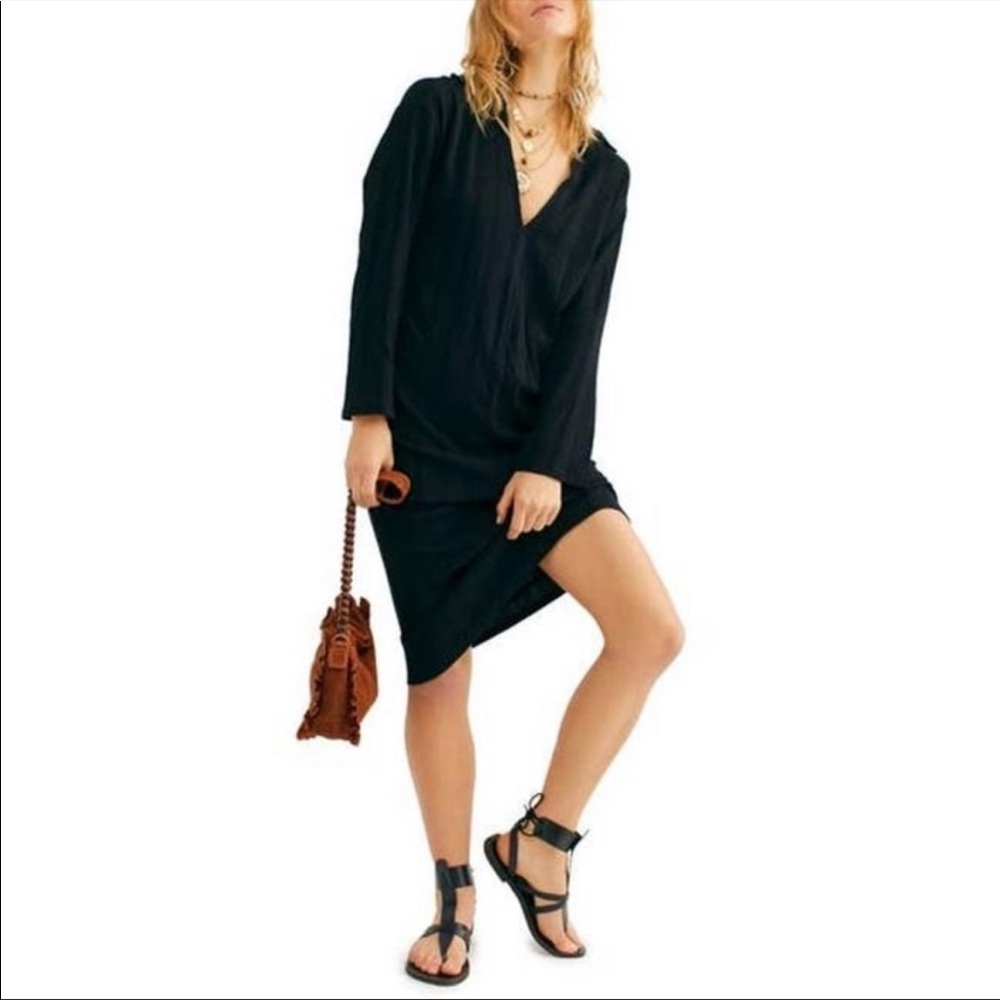 NBW Free People black ribbed dress in midi length with collar